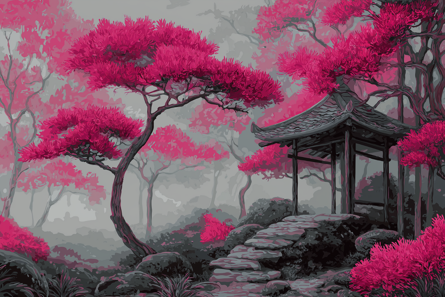 Zen garden path with pink trees and traditional Japanese gate